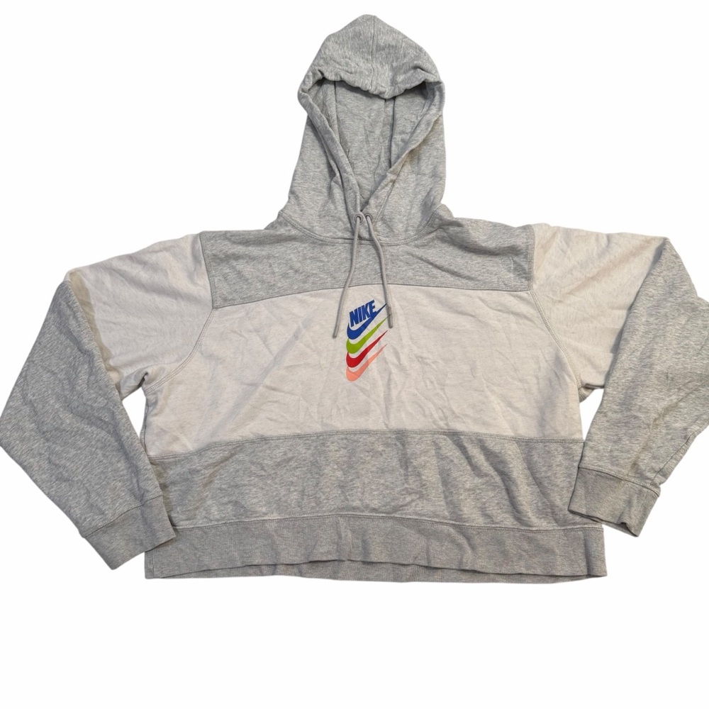 Nike DNA Stacked Multicolor Swoosh Cropped Hoodie Gray White Womens XL